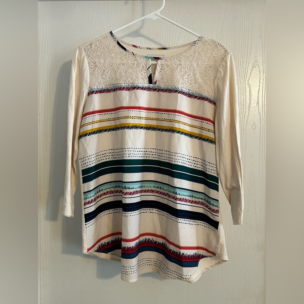 Van Heusen | Multicolor Striped Lace Blouse | Size Medium